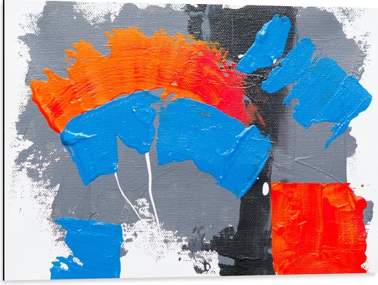 Dibond - Oranje, Rode Blauwe en Grijze Verfvlekken op Witte Achtergrond - 80x60 cm Foto op Aluminium (Wanddecoratie van metaal)