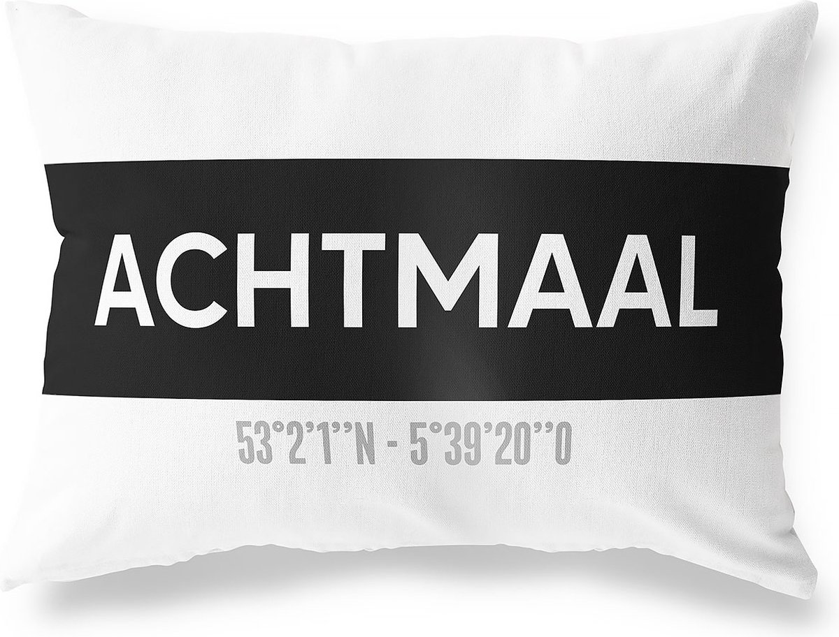 Tuinkussen ACHTMAAL - NOORD-BRABANT met coördinaten - Buitenkussen - Bootkussen - Weerbestendig - Jouw Plaats - Studio216 - Modern - Zwart-Wit - 50x30cm