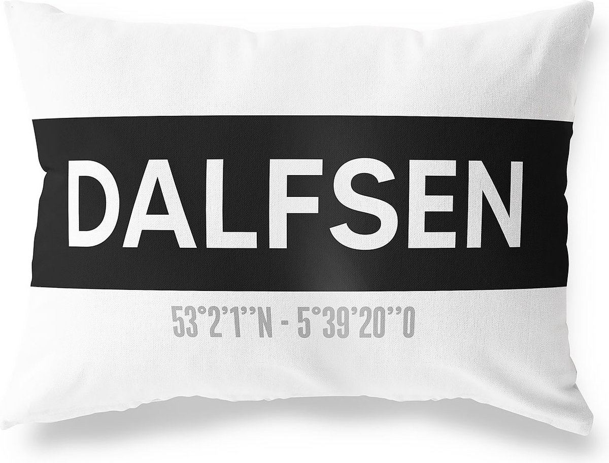 Tuinkussen DALFSEN - OVERIJSSEL met coördinaten - Buitenkussen - Bootkussen - Weerbestendig - Jouw Plaats - Studio216 - Modern - Zwart-Wit - 50x30cm