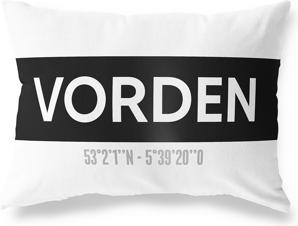 Tuinkussen VORDEN - GELDERLAND met coördinaten - Buitenkussen - Bootkussen - Weerbestendig - Jouw Plaats - Studio216 - Modern - Zwart-Wit - 50x30cm