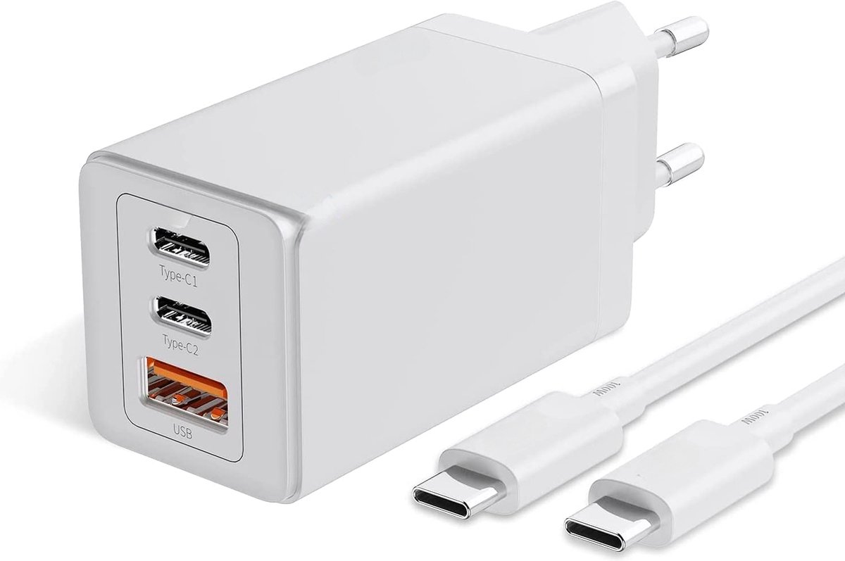 65w GaN 3 Poorten usb C Power Adapter met Rubberen usb C naar usb C Kabel 2 Meter Lang - Super Fast Charger 3.0 - 30% Kleiner