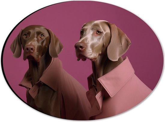 Dibond Ovaal - Twee Bruine Duitse Dog Honden in Roze Overhemden tegen Roze Achtergrond - 28x21 cm Foto op Ovaal (Met Ophangsysteem)