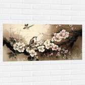 Muursticker - Tekening van Vogels Vliegend bij Tak met Bloemen - 100x50 cm Foto op Muursticker