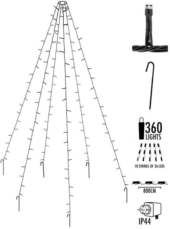 8 meter hoge lichtjesboom met 360 LED's, 10 strengen van 36 lampjes.