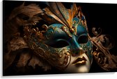 Canvas - Venetiaanse carnavals Masker met Blauwe en Gouden Details tegen Zwarte Achtergrond - 150x100 cm Foto op Canvas Schilderij (Wanddecoratie op Canvas)