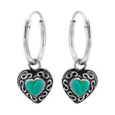 Oorbellen 925 zilver | Oorringen met hanger | Zilveren oorringen met hanger, bewerkt hart met turquoise steen