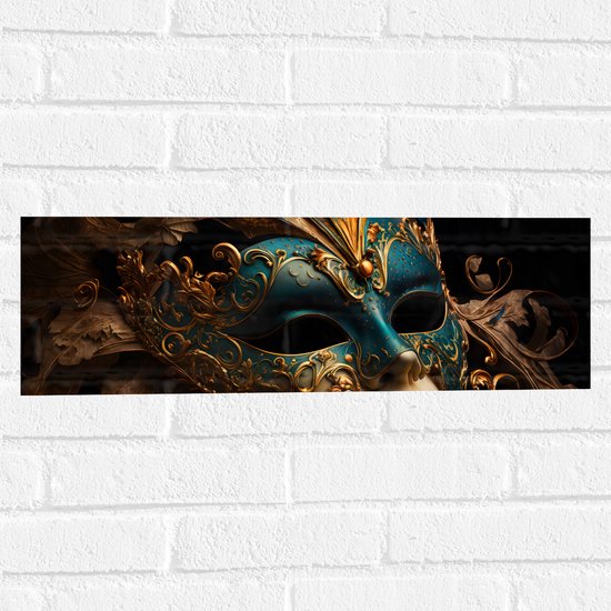 Muursticker - Venetiaanse carnavals Masker met Blauwe en Gouden Details tegen Zwarte Achtergrond - 60x20 cm Foto op Muursticker