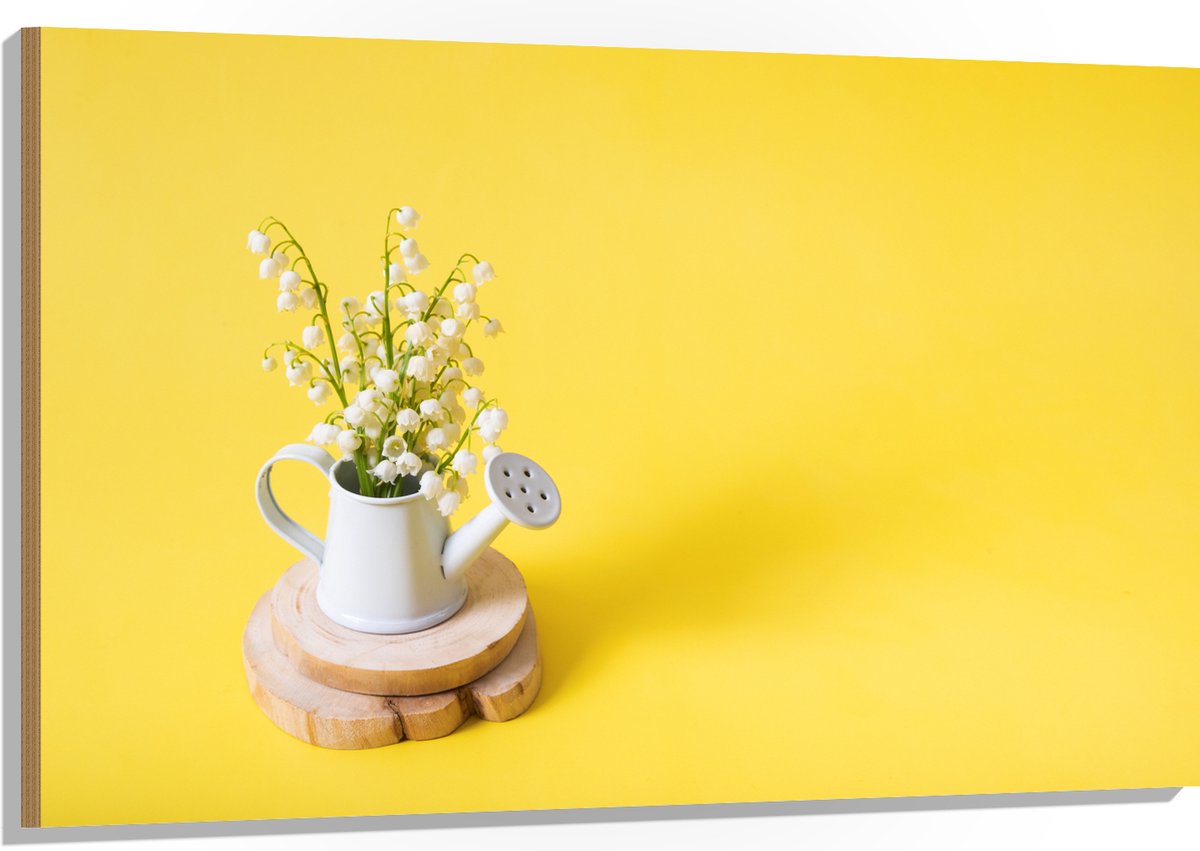 Hout - Boeket in Gieter met Gele Achtergrond - 120x80 cm - 9 mm dik - Foto op Hout (Met Op