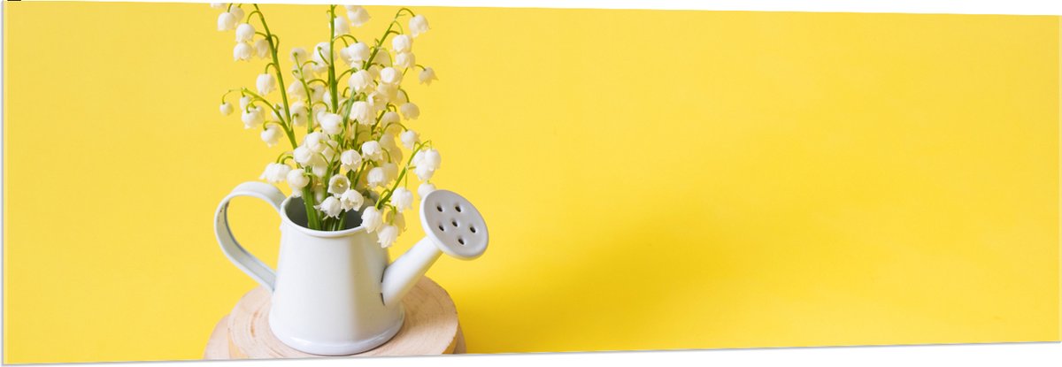 Acrylglas - Boeket in Gieter met Gele Achtergrond - 150x50 cm Foto op Acrylglas (Wanddecor