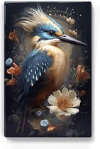 Ijsvogel met kuif en bloemen - Laqueprint - 19,5 x 30 cm - Niet van echt te onderscheiden handgelakt schilderijtje op hout - Mooier dan een print op canvas. - LP337