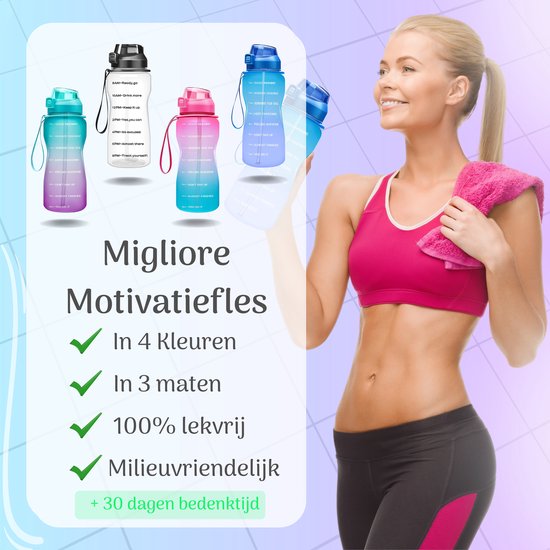 Migliore Waterfles - Luxe Drinkfles Met Rietje - 2 Liter - Water Bottle - Motivatie Waterfles met Tijdmarkeringen - Grote - Gallon