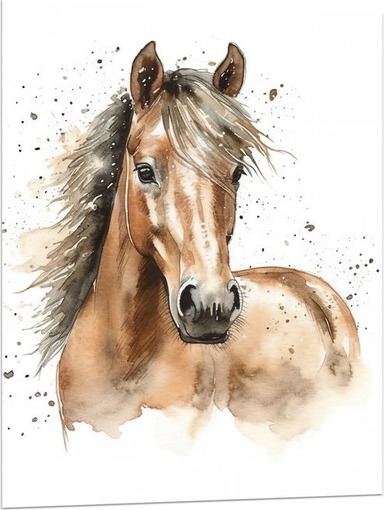 Acrylglas - Acryl Tekening van Kop en Hals van Bruin Paard - 75x100 cm Foto op Acrylglas (Wanddecoratie op Acrylaat)