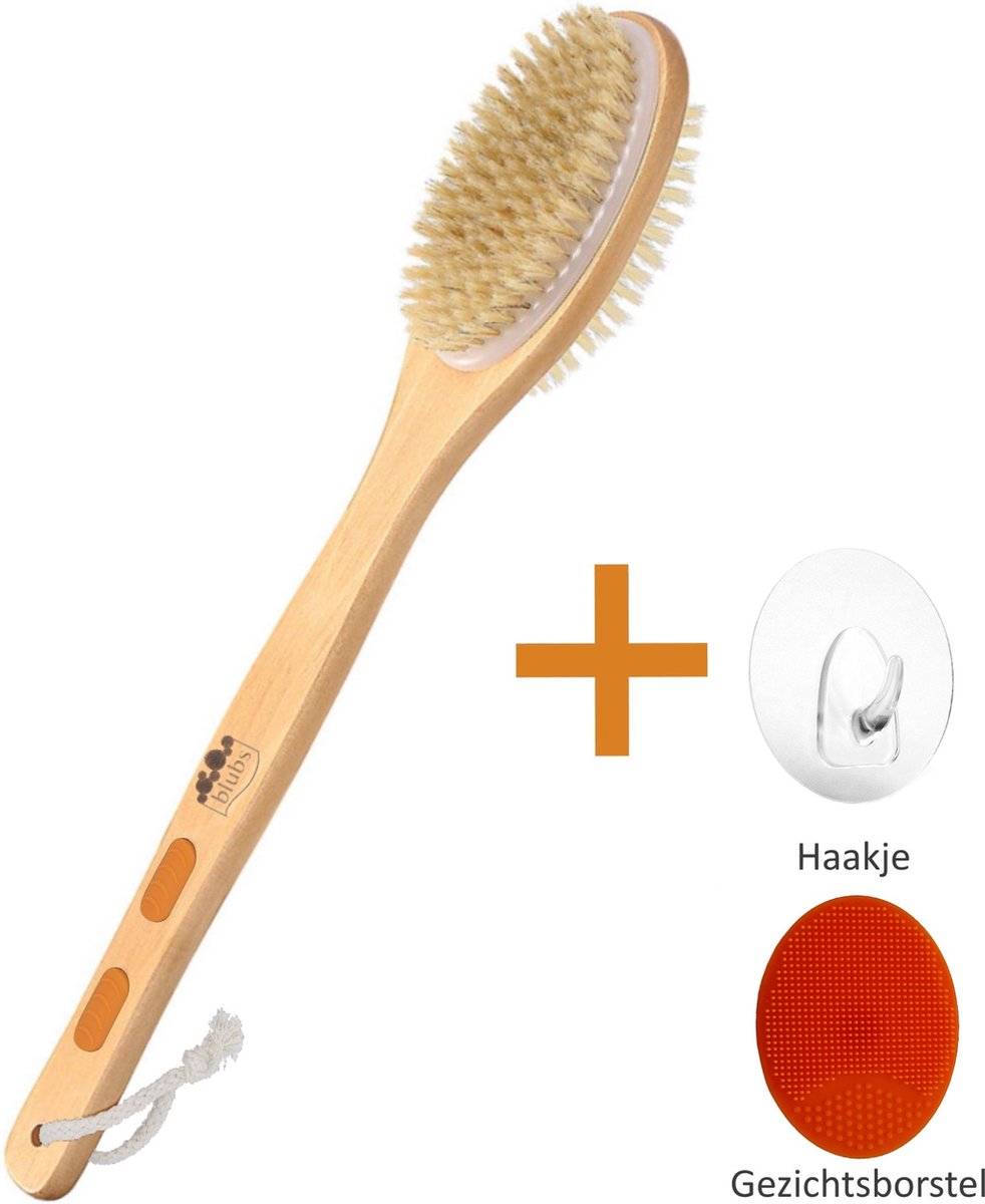 Goedkoopste Blubs® – Houten Badborstel – Dry brush – Rug Scrubber – Lichaamsborstel – Rugborstel douche met steel – Huidborstel – Rugborstel hout – Houten Badborstel met steel – Doucheborstel met steel – Houten borstel – Droogborstel – Massag