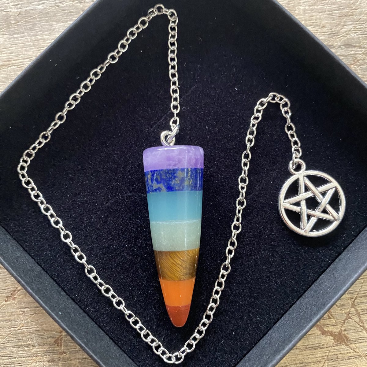 Chakra Pendel met Pentagram - 24cm - Kegel - Jaspis - Tijgeroog - Oranje en Groene Aventur