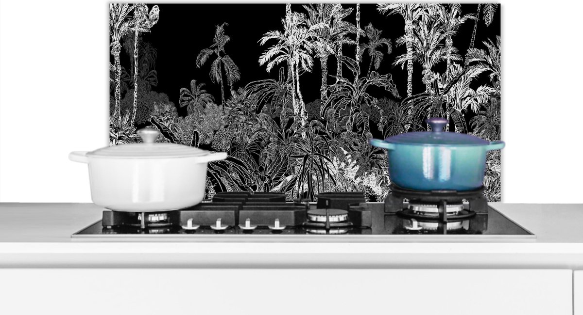 Spatscherm - Jungle - Palmboom - Tropical - Zwart - Wit - Muurbeschermer - 90x45 cm - Spatwand keuken