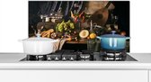 Spatscherm keuken 90x45 cm - Kookplaat achterwand Stilleven - Eten - Tafel - Muurbeschermer - Spatwand fornuis - Hoogwaardig aluminium