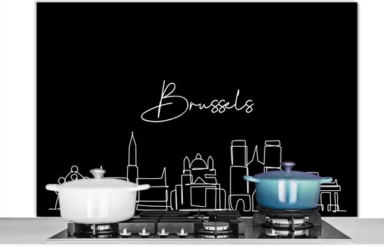 Spatscherm keuken 120x80 cm - Kookplaat achterwand Brussel - Zwart wit - Skyline - Line art - België - Muurbeschermer - Spatwand fornuis - Hoogwaardig aluminium