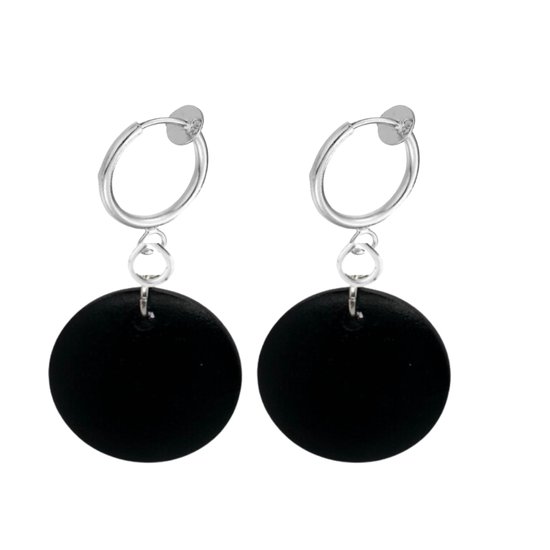 Klem oorbellen -zwart- hout -2 cm-zilverkleur- Geen gaatje- Charme Bijoux