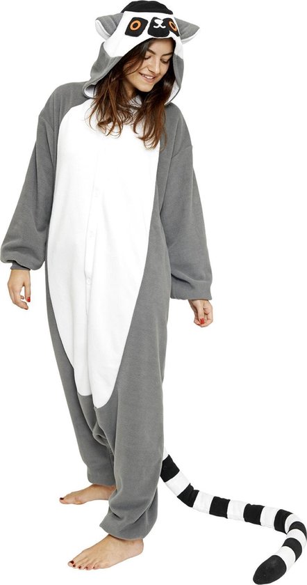KIMU Onesie Lemur Ringstaartmaki Pak - Maat XS-S - Ringstaartmakipak Kostuum Grijs 152 158 - Pyjama Jumpsuit Huispak Dames Heren Festival