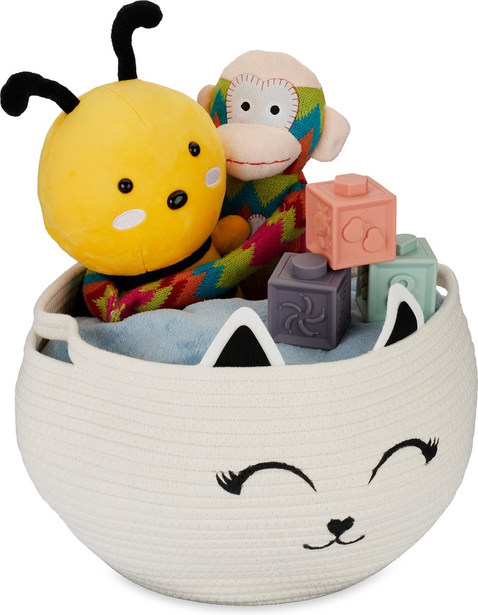 speelgoedmand kinderkamer - Ø 35 cm - kat - katoen - wit-zwart