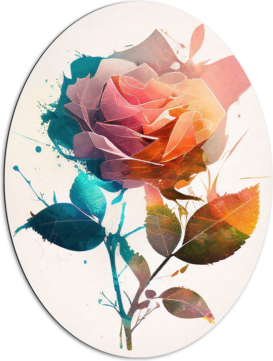 Dibond Ovaal - Abstracte Roos van Verschillende Kleuren op Witte Achtergrond - 72x96 cm Foto op Ovaal (Met Ophangsysteem)