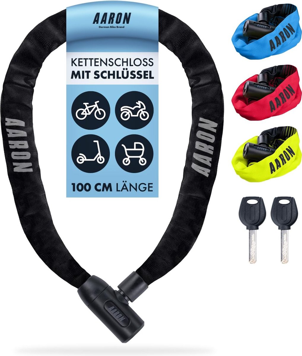 Lock een fietsslot met sleutel, hoge veiligheid stalen ketting slot, slot voor e-bike, mountainbike, trekking fiets, touring fiets, racefiets in zwart AARON