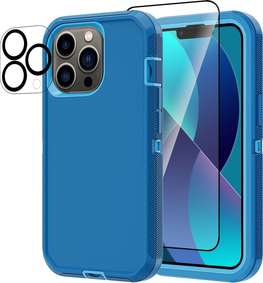 Stravo Heavy Duty iPhone 13 Pro case met Screen Protector en Lens Protector - Blauw - Dustproof shockproof telefoonhoes cover bestaande uit 3 lagen inclusief schermbeschermer en lensbeschermer - Geschikt voor Apple iPhone 13 Pro