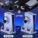 PS5 Disc Edition en PS5 Digital Edition consoles op een wit laadstation met ruimte voor controllers en een headset, met RGB verlichting.