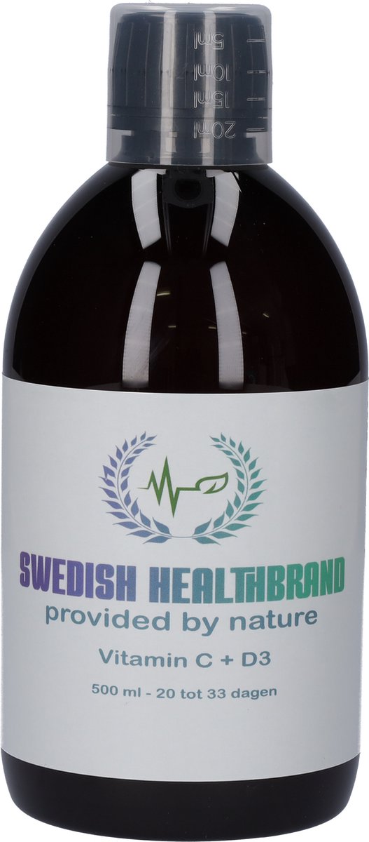 Swedish Healthbrand Vitamine C met D3 met zink vloeibare vitamine ( NON-GMO ) voor 20 tot 30 dagen inclusief maatbeker voor inname tegen vermoeidheid, versterkt immuunsysteem, veganistisch, 500ml inhoud dagelijkse inname 15ml tot 25ml