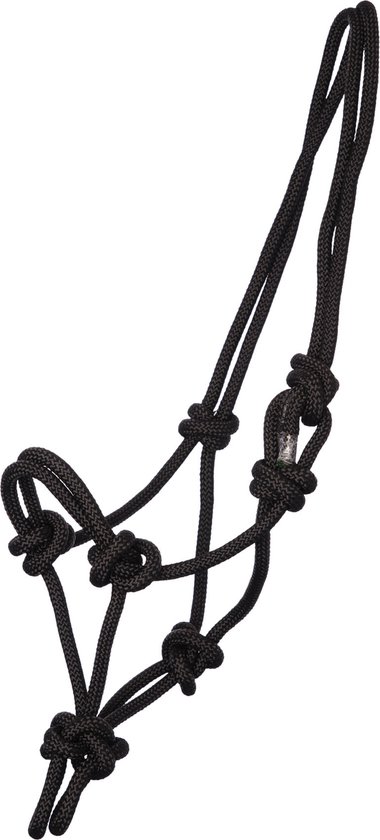 Paardenhalster van zwart touw met diverse knopen.
