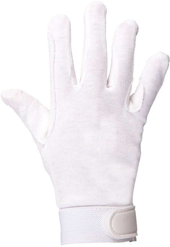 Witte rijhandschoen, zicht op de achterkant, met getextureerde handpalm en elastische polsband.