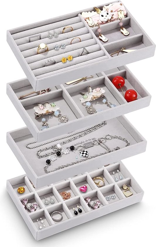 Sieradendoosje, sieradenopberglade, sieradeninzetstuk voor laden, stapelbaar, lade-inzetstuk, sieraden, voor het bewaren en presenteren van oorbellen, halskettingen, ringen