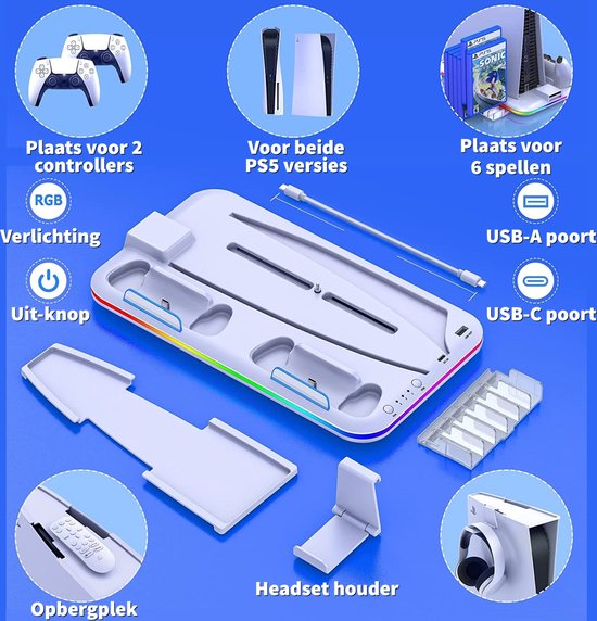 PS5 oplaadstation, 4 standen ventilatie, RGB-verlichting, 2 controllers, 6 spellen, USB-A, USB-C, hoofdtelefoonhouder, opbergplek.