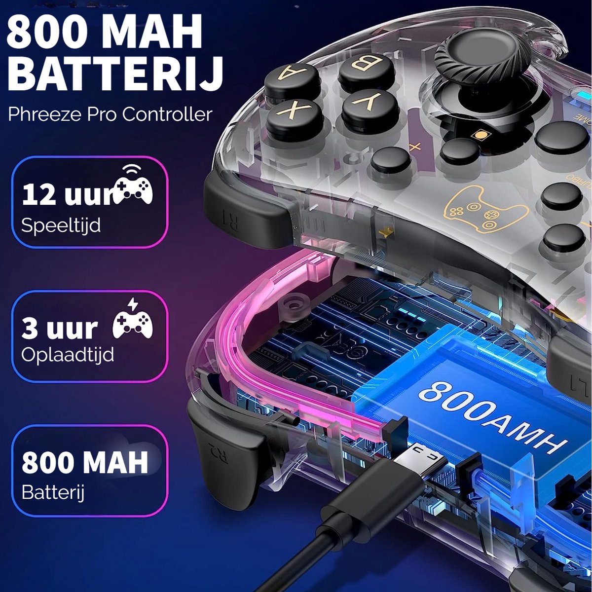 RGB Controller Draadloos - Geschikt voor Nintendo Switch - Controllers - Pro Versie - Turbo en Macro Knoppen - Transparant – foto 5