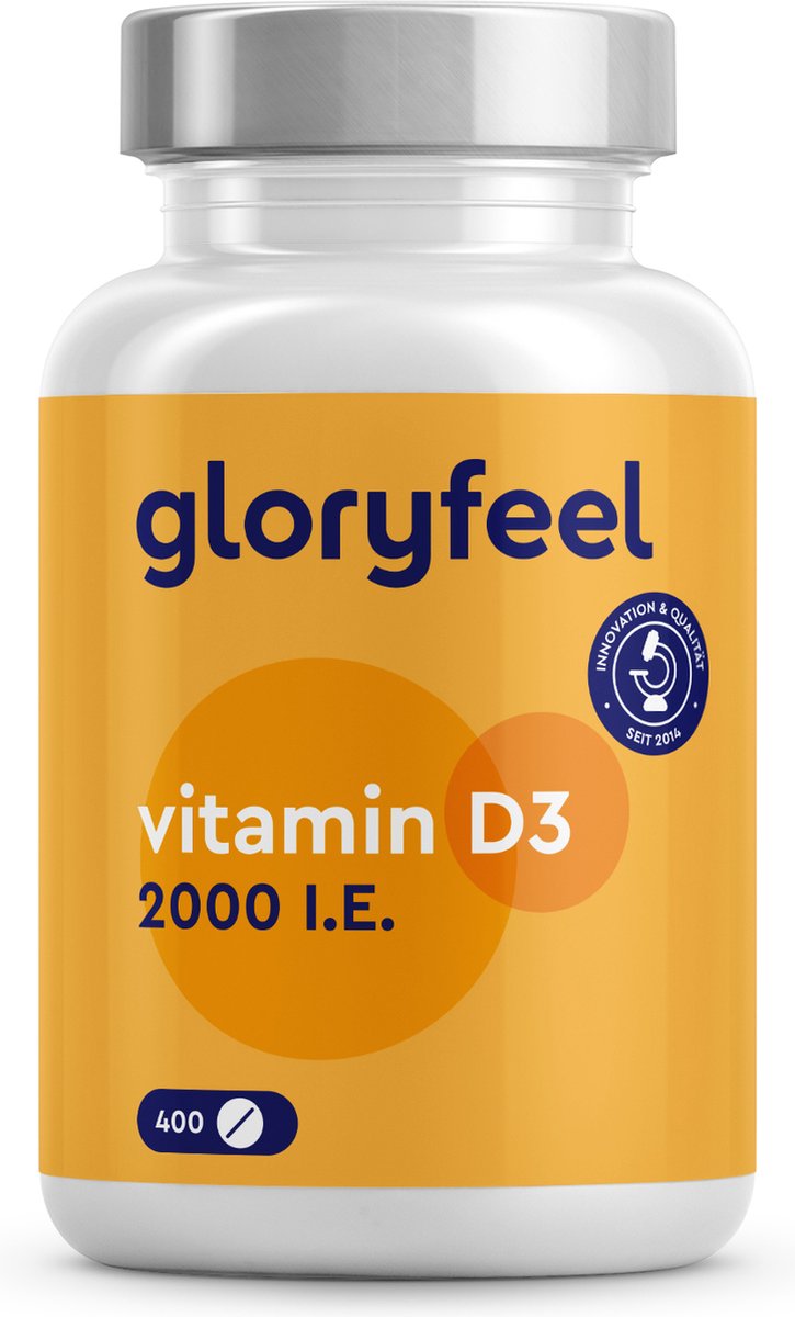 gloryfeel - Vitamine D-zonvitamine - 400 tabletten (13 maanden) - Laboratoriumgeteste 2000 IE vitamine D3 per tablet - Ondersteunt botten, tanden, spieren en immuunsysteem
