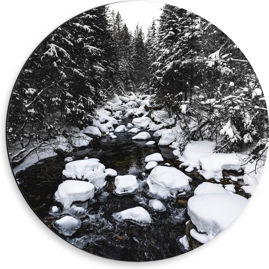 Dibond Muurcirkel - Sneeuw - Bomen - Bossen - Rotsen - Stenen - Water - Zwart - Wit - 50x50 cm Foto op Aluminium Muurcirkel (met ophangsysteem)