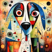 JJ-Art (Aluminium) 60x60 | Hond in modern surrealisme, kleurrijk, kunst | dier, abstract, vierkant, modern, Picasso, Joan Miro, Herman Brood | foto-schilderij op dibond, metaal wanddecoratie