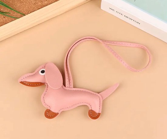 Teckel - Sleutelhanger - Leder - Lichtroze - Roze - Licht roze - Teckelsleutelhanger - Tashanger - Leer - Hond