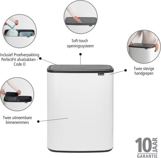 Gedetailleerde afbeelding van de witte Brabantia Bo Touch Bin met info over soft-touch opening, verwijderbare binnenemmers, handvatten en garantie.