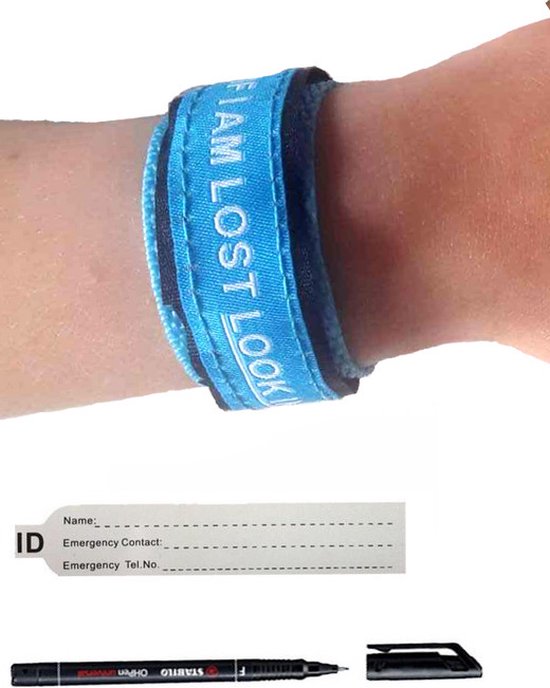 Foto: Sos armband kind blauw inclusief pen naambandje id armband sport infobandje alarmbandje