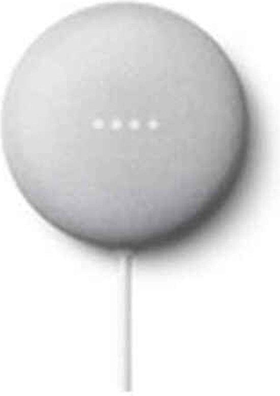 Chalk (lichtgrijze) Google Nest Mini met vier witte LED-lampjes, getoond vanaf bovenaf.