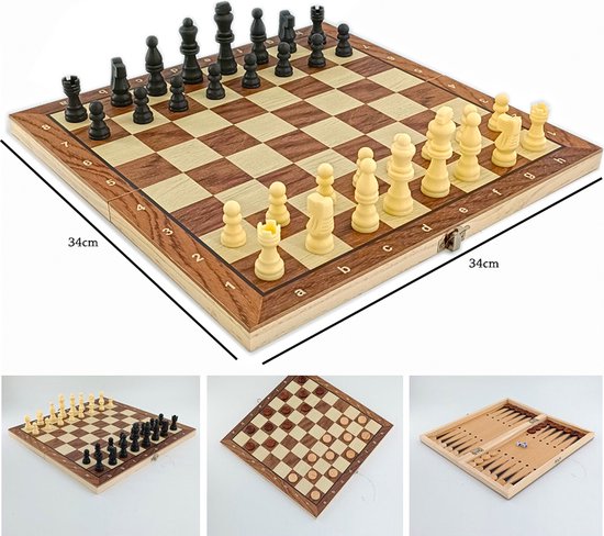 Schaakbord set 3in1 - Houtbord - Opklapbaar - Schaakspel - damspel - backgammon - magnetisch schaakstukken - Chess 34CM
