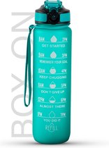 Motivatie Waterfles Turquoise - 1 Liter Drinkfles - Waterfles met Rietje - Waterfles met tijdmarkering - BPA Vrij - Volwassenen - Drinkfles Kinderen - Box-On