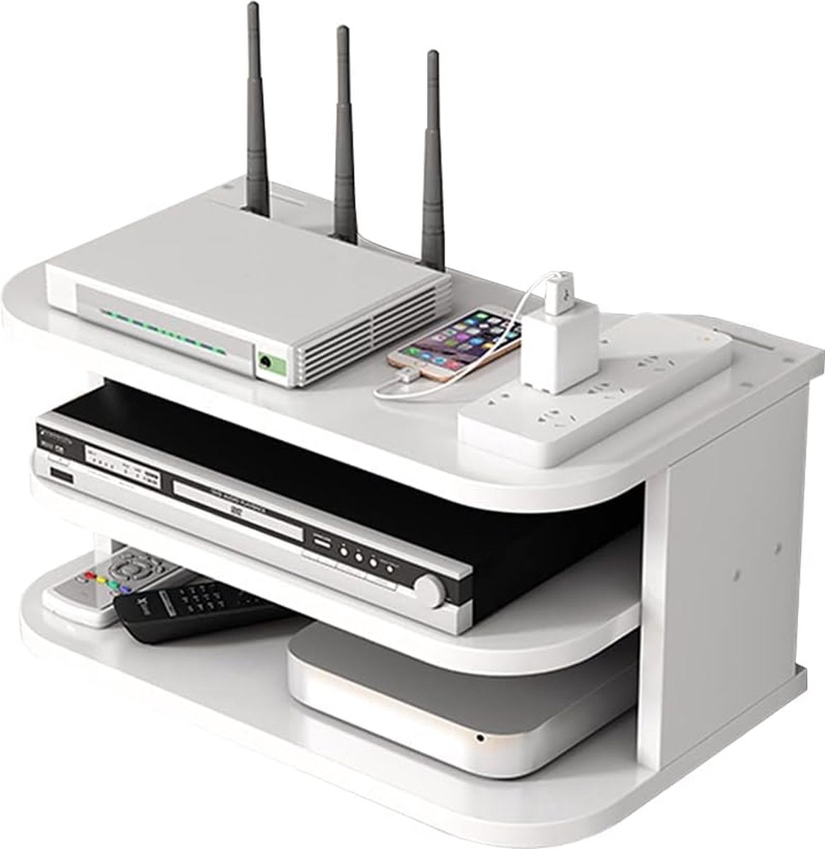 Schap voor WiFi-router en tv-settopbox met wandmontage en kabelbeheer (wit)