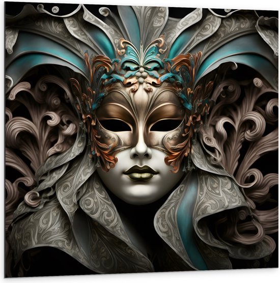 Dibond - Wit Venetiaanse carnavals Masker met Blauwe en Gouden Details tegen Zwarte Achtergrond - 100x100 cm Foto op Aluminium (Wanddecoratie van metaal)