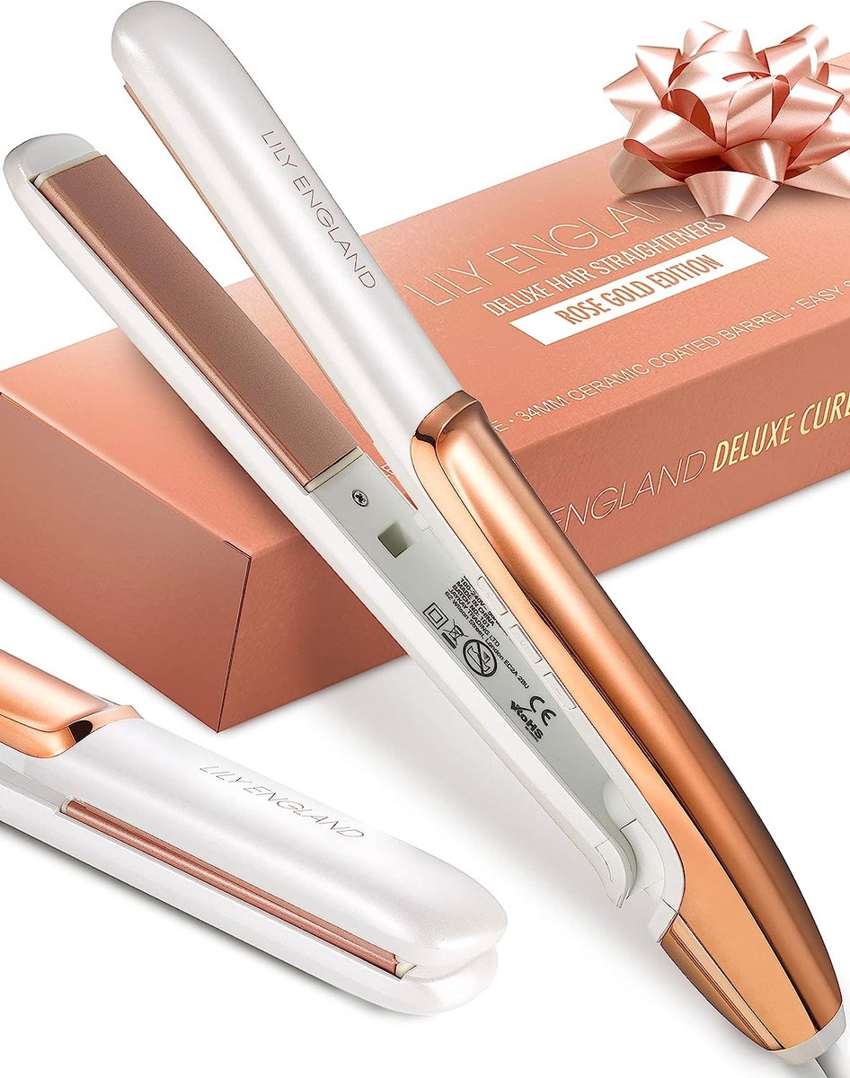 Stijltang en krultang, 2-in-1, een glamoureuze stijltang in roségoud met verstelbare temperatuur en keramische coating voor professionele stijltang en krullen, Lily England