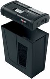 Zwarte Rexel S5 papierversnipperaar, de opvangbak is verwijderbaar.