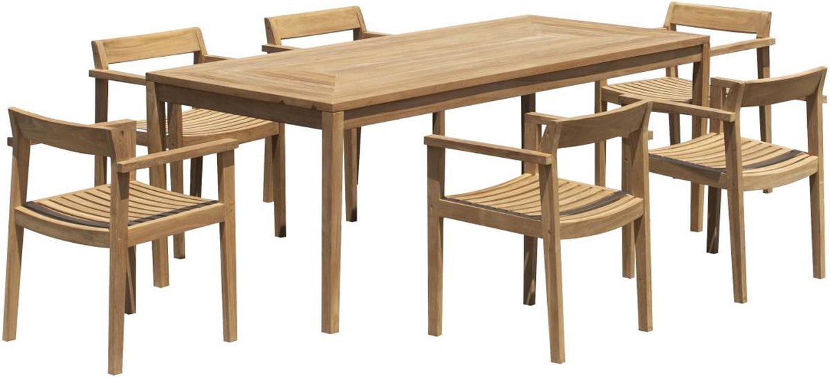 MYLIA Tuineethoek van teakhout: 1 tafel L200 cm + 6 fauteuils - Licht naturel - ALLENDE L 200 cm x H 75 cm x D 90 cm