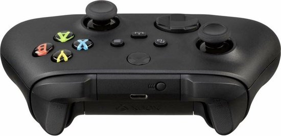 Zwarte Xbox controller met kleurrijke knoppen.