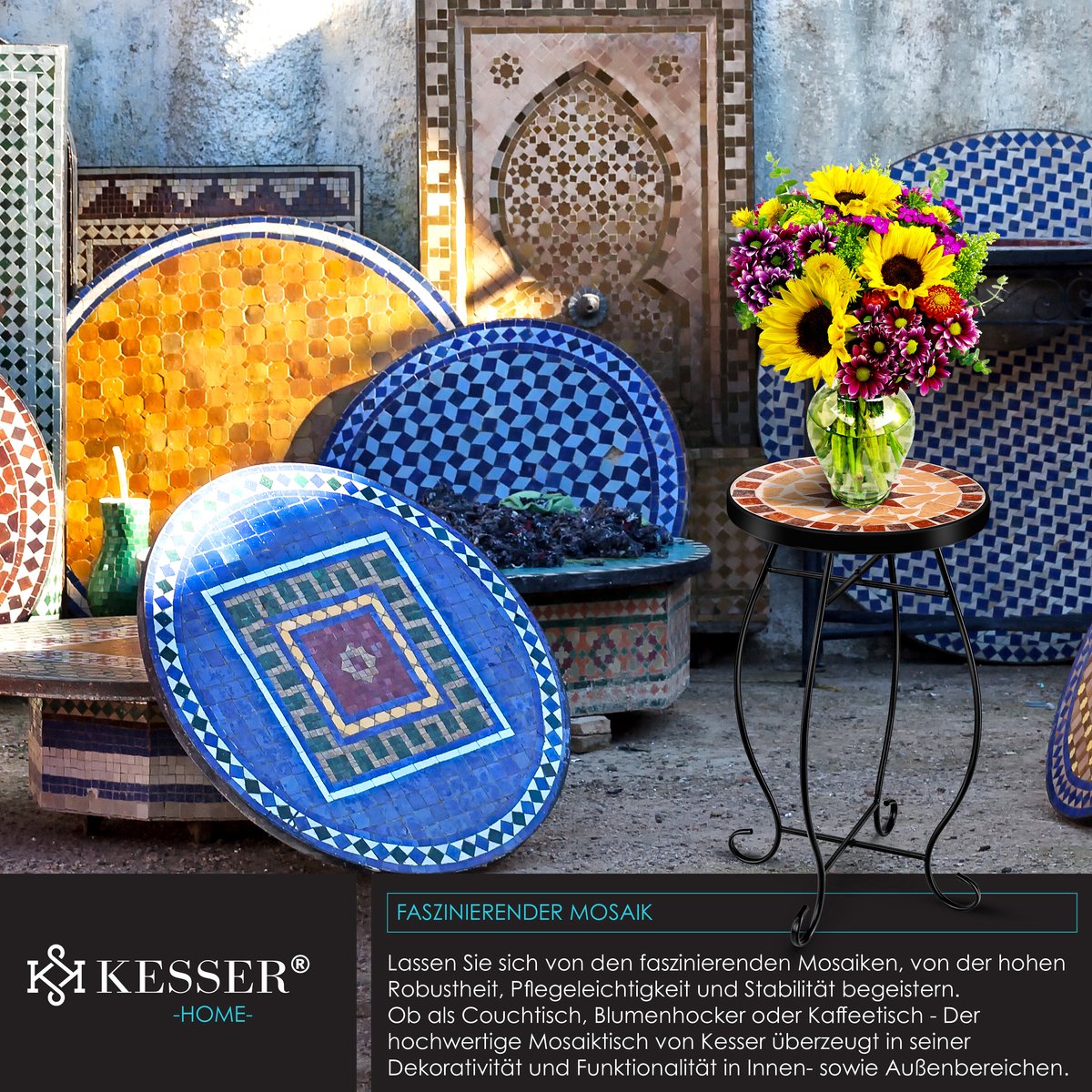 KESSER® Mozaïek Tafel Bistrotafels Bloemkruk Rond 60 x 34 cm Metalen Mozaïek Bijzettafel Balkontafels Patiotafel Balkon Stenen Mozaïek Tuintafel Binnen Buiten - Asteri thumbnail 3